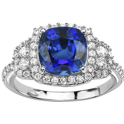 Bague Coussin Halo Saphir Bleu Or Blanc 14K Diamants 5 Carats