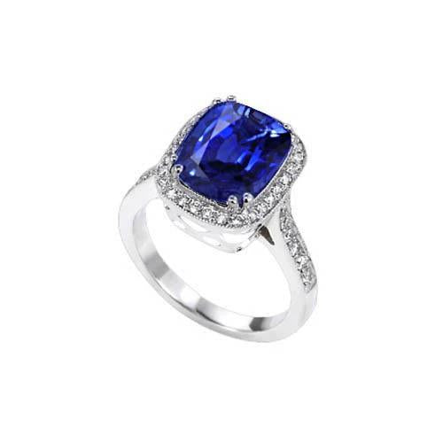 Bague Coussin Saphir Bleu Et Diamants Taille Ronde De 4.55 Carats WG 14K - HarryChadEnt.FR