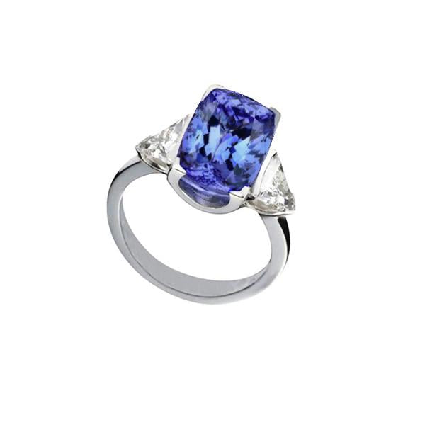 Bague Coussin Tanzanite Et Diamants 3 Pierres Or Blanc 5 Carats - HarryChadEnt.FR