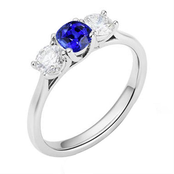 Bague Dame 3 Pierres Coussin Ceylan Saphir 1.25 Carats Diamants Ronds - HarryChadEnt.FR