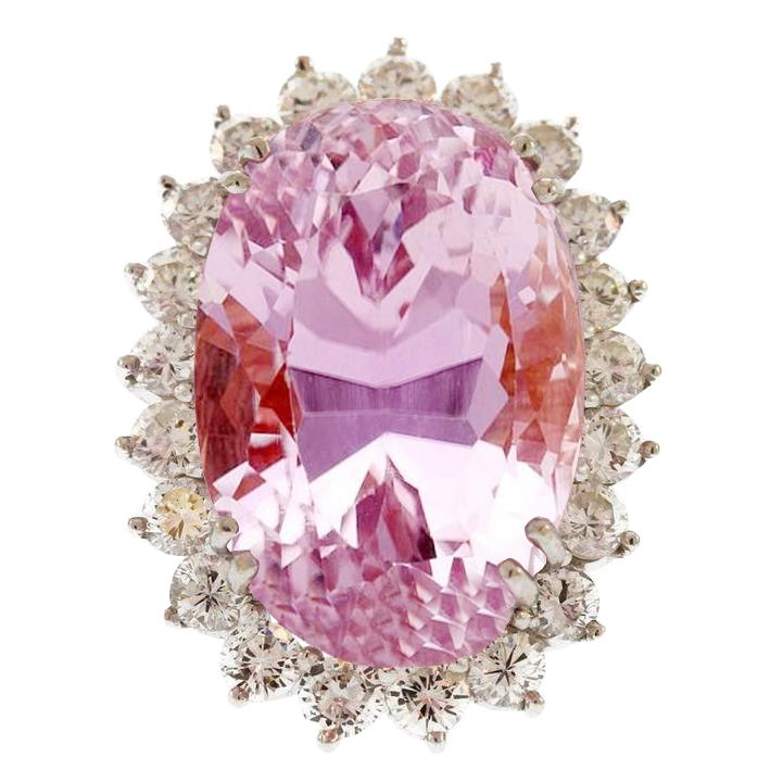 Bague Dame Diamant Kunzite Rose Taille Ovale Or Blanc 41.50 Ct - HarryChadEnt.FR