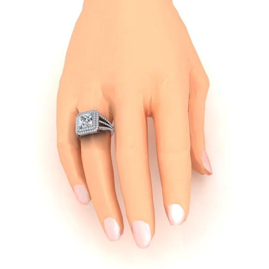 Bague de fiançailles diamant halo 6 carats tige fendue or blanc 14K - HarryChadEnt.FR