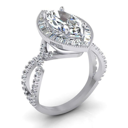 Bague de fiançailles halo de diamants marquise en or blanc 4.50 carats Neuve - HarryChadEnt.FR