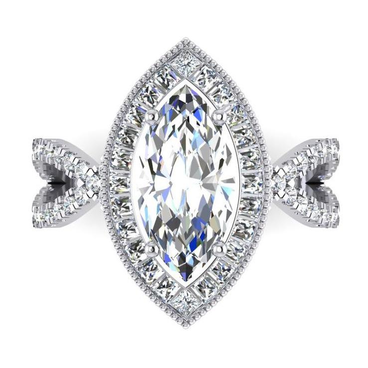 Bague de fiançailles halo de diamants marquise en or blanc 4.50 carats Neuve - HarryChadEnt.FR