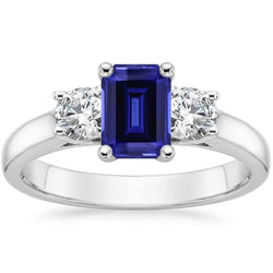 Bague Diamant 3 Pierres Emeraude Bleu Saphir 2.50 Carats