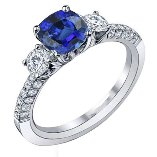 Bague Diamant 3 Pierres Style Coussin Saphir Sri Lankais 3.50 Carats - HarryChadEnt.FR