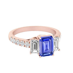 Bague Diamant 3 Pierres Style Emeraude Bleu Saphir Or Rose 3 Carats