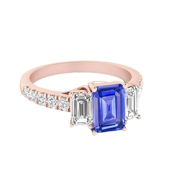 Bague Diamant 3 Pierres Style Emeraude Bleu Saphir Or Rose 3 Carats - HarryChadEnt.FR