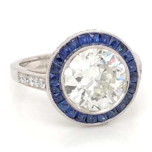 Bague Diamant 5 Carats Halo Ceylan Saphir Bleu Millgrain Or Blanc - HarryChadEnt.FR
