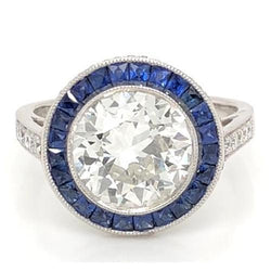 Bague Diamant 5 Carats Halo Ceylan Saphir Bleu Millgrain Or Blanc