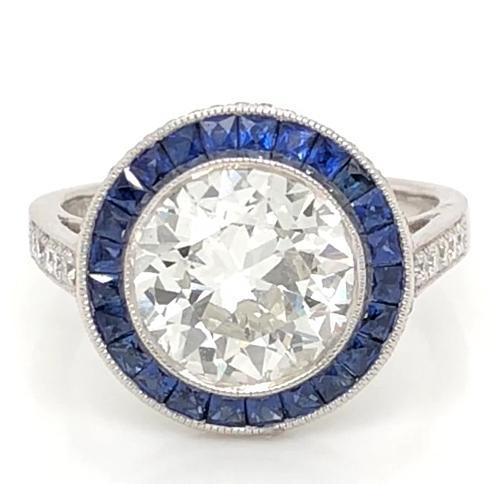 Bague Diamant 5 Carats Halo Ceylan Saphir Bleu Millgrain Or Blanc - HarryChadEnt.FR