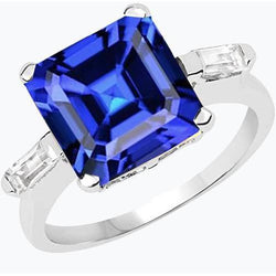 Bague Diamant Baguette 3 Pierres Asscher Saphir Bleu Ceylan 4 Carats
