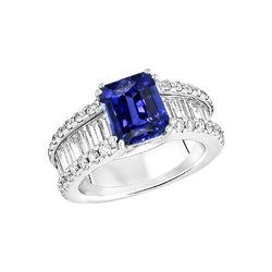 Bague Diamant Bleu Radiant Saphir 3.50 Carats Ensemble Baguettes
