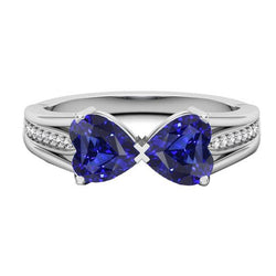 Bague Diamant Coeur 2 Pierre Saphir Bleu 3.50 Carats Or 14K Bijoux