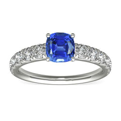 Bague Diamant Coussin Bleu Saphir 3 Carats Or Blanc 14K Bijoux