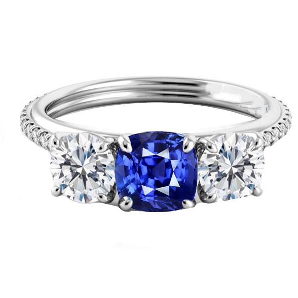 Bague Diamant Coussin Bleu Saphir 3 Style Pierre & Accents 3.50 Carats - HarryChadEnt.FR