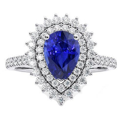 Bague Diamant Double Halo Style Fleur Poire Saphir Bleu 5.50 Carats