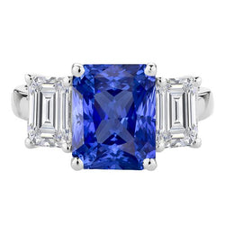 Bague Diamant Emeraude 3 Pierres Or Saphir Bleu Radiant 4.50 Carats