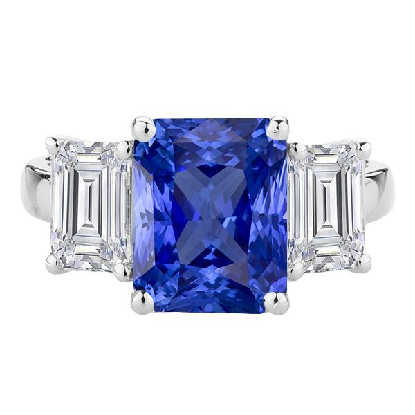 Bague Diamant Emeraude 3 Pierres Or Saphir Bleu Radiant 4.50 Carats - HarryChadEnt.FR