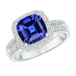 Bague Diamant Femme Coussin Halo Saphir Bleu Avec Accents 4.50 Carats