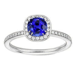 Bague Diamant Halo Coussin Bleu Saphir 3 Carats Or Blanc 14K