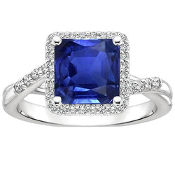 Bague Diamant Halo Forme Carrée Ceylan Bleu Saphir Centre 4 Carats