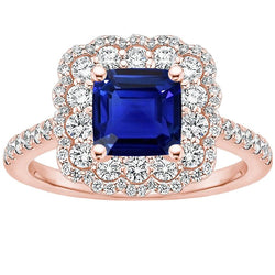 Bague Diamant Halo Or Rose Coussin Saphir Bleu Centre 3.75 Carats