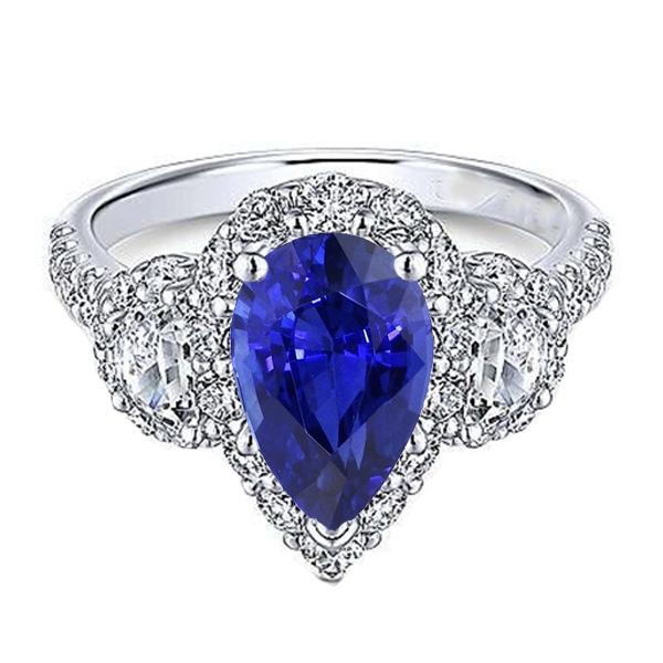 Bague Diamant Halo Poire Ceylan Saphir 3 Pierre Style 4.50 Carats - HarryChadEnt.FR