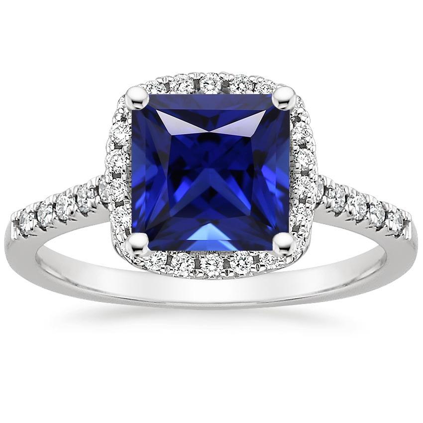 Bague Diamant Halo Princesse Saphir Bleu Avec Accents Or 6 Carats 14K - HarryChadEnt.FR
