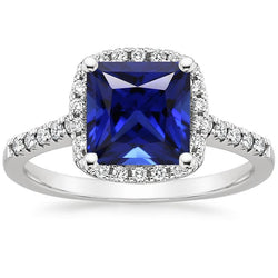 Bague Diamant Halo Princesse Saphir Bleu Avec Accents Or 6 Carats 14K