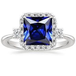 Bague Diamant Halo Princesse Saphir Bleu Centre 6 Carats Or Blanc