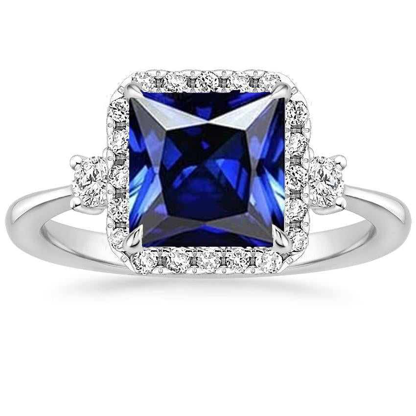 Bague Diamant Halo Princesse Saphir Bleu Centre 6 Carats Or Blanc - HarryChadEnt.FR
