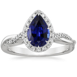 Bague Diamant Halo Saphir Bleu Griffes Pierre Taille Poire 7.25 Carats Or
