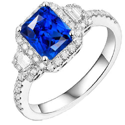Bague Diamant Halo Style 3 Pierres Saphir Bleu Avec Accents 4.50 Carats