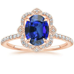 Bague Diamant Halo Style Antique Style Fleur Saphir Bleu 6.20 Carats