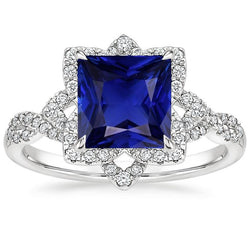 Bague Diamant Halo Style Étoile Princesse Saphir Bleu Or 6.50 Carats