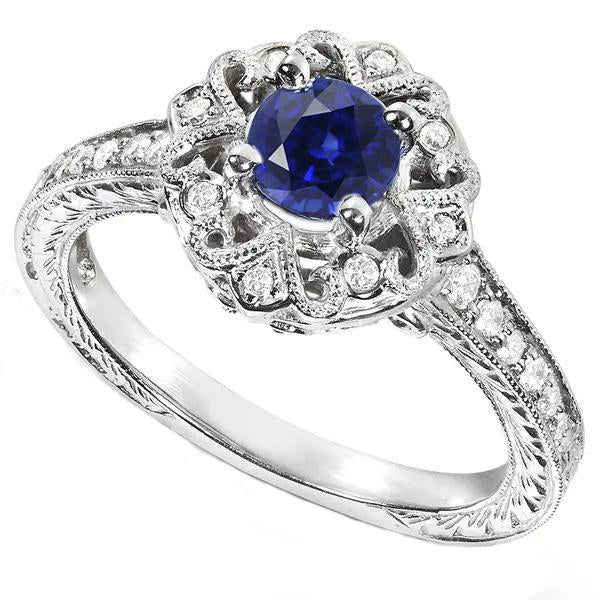 Bague Diamant Halo Style Vintage Saphir 3 Carats Filigrane Style Fleur - HarryChadEnt.FR