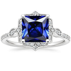 Bague Diamant Halo Style Vintage Saphir Ceylan Taille Princesse 6 Carats