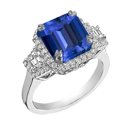 Bague Diamant Halo Trapèze & Accents Ronds Saphir Bleu Foncé 4 Carats - HarryChadEnt.FR