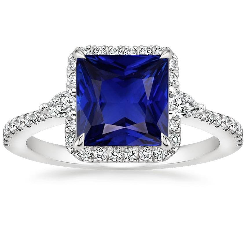 Bague Diamant Halo en Or Princesse Saphir Bleu Avec Accents 6.25 Carats - HarryChadEnt.FR