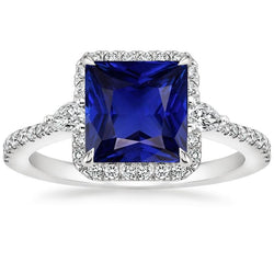 Bague Diamant Halo en Or Princesse Saphir Bleu Avec Accents 6.25 Carats