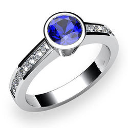Bague Diamant Or Blanc 2 Carats Lunette Ronde Sertie Saphir Bleu Pierre Gemme