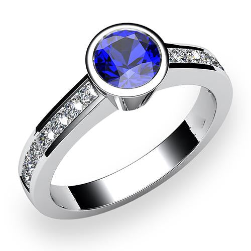 Bague Diamant Or Blanc 2 Carats Lunette Ronde Sertie Saphir Bleu Pierre Gemme - HarryChadEnt.FR