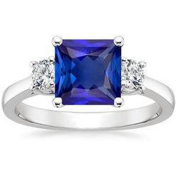 Bague Diamant Or Blanc Princesse Ceylan Saphir 3 Pierres 5.50 Carats