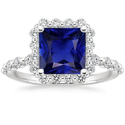 Bague Diamant Or Halo Style Fleur Princesse Saphir Bleu 6.25 Carats