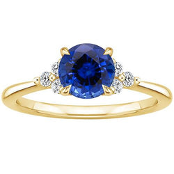 Bague Diamant Or Jaune Griffe Saphir Bleu Tige Conique 2.50 Carats
