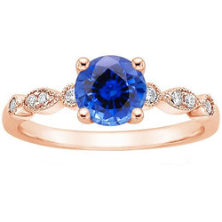 Bague Diamant Or Rose 2.50 Carats Style Vintage Saphir Bleu Rond