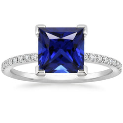 Bague Diamant Or Taille Princesse Saphir Bleu Avec Accents 5.50 Carats