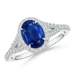 Bague Diamant Ovale Saphir Bleu 14K Or Blanc 2.50 Carats Bijoux