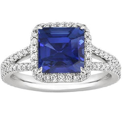 Bague Diamant Pierre Gemme 5 Carats Halo Saphir Bleu Naturel Bijoux En Or